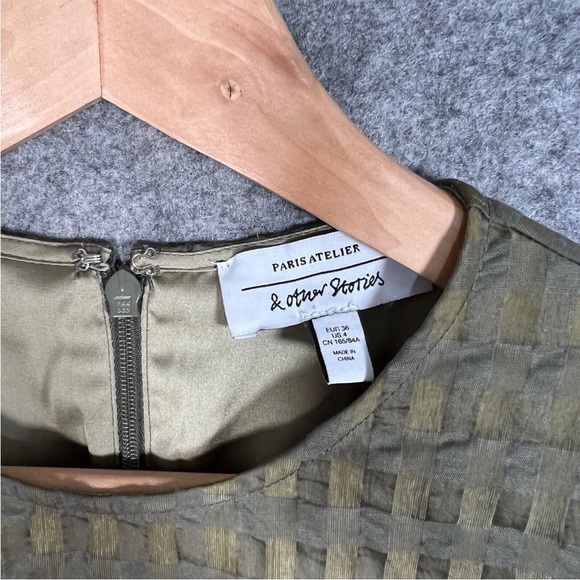 & OTHER STORIES Dress Size Small Womens Green Check Short Puff Sleeve A Line - Picture 6 of 13